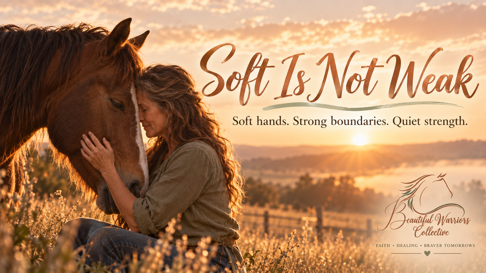 A woman resting gently against a horse at sunset beneath the words Soft Is Not Weak—soft hands, strong boundaries, quiet strength.