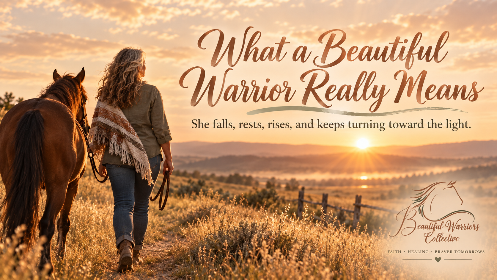 A woman walking beside a horse toward the sunrise — What a Beautiful Warrior Really Means.