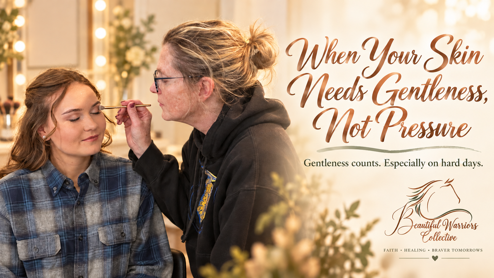 Christy gently applying eye makeup — When Your Skin Needs Gentleness, Not Pressure.