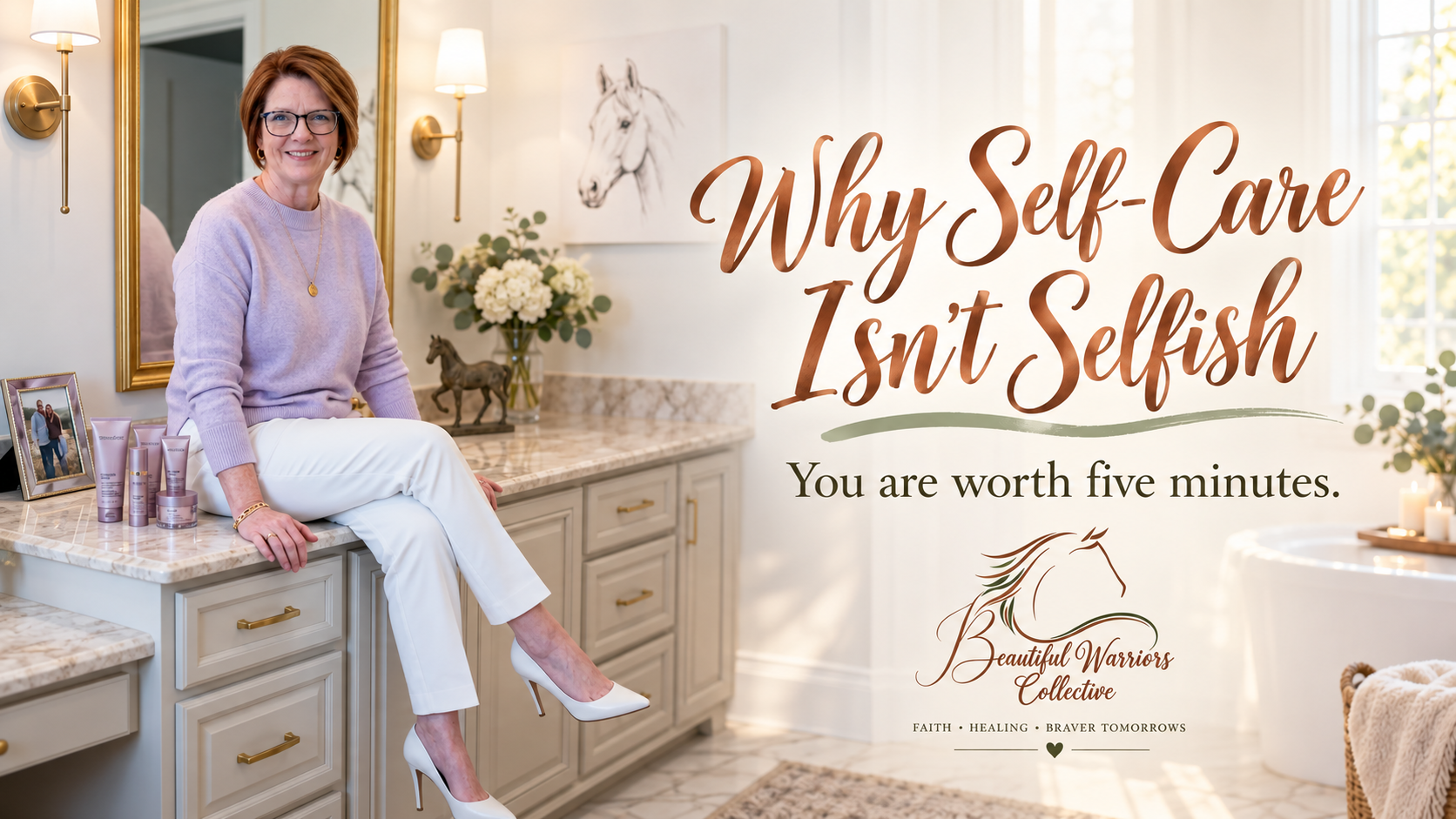 Christy in a peaceful bathroom — Why Self-Care Isn't Selfish: You are worth five minutes.