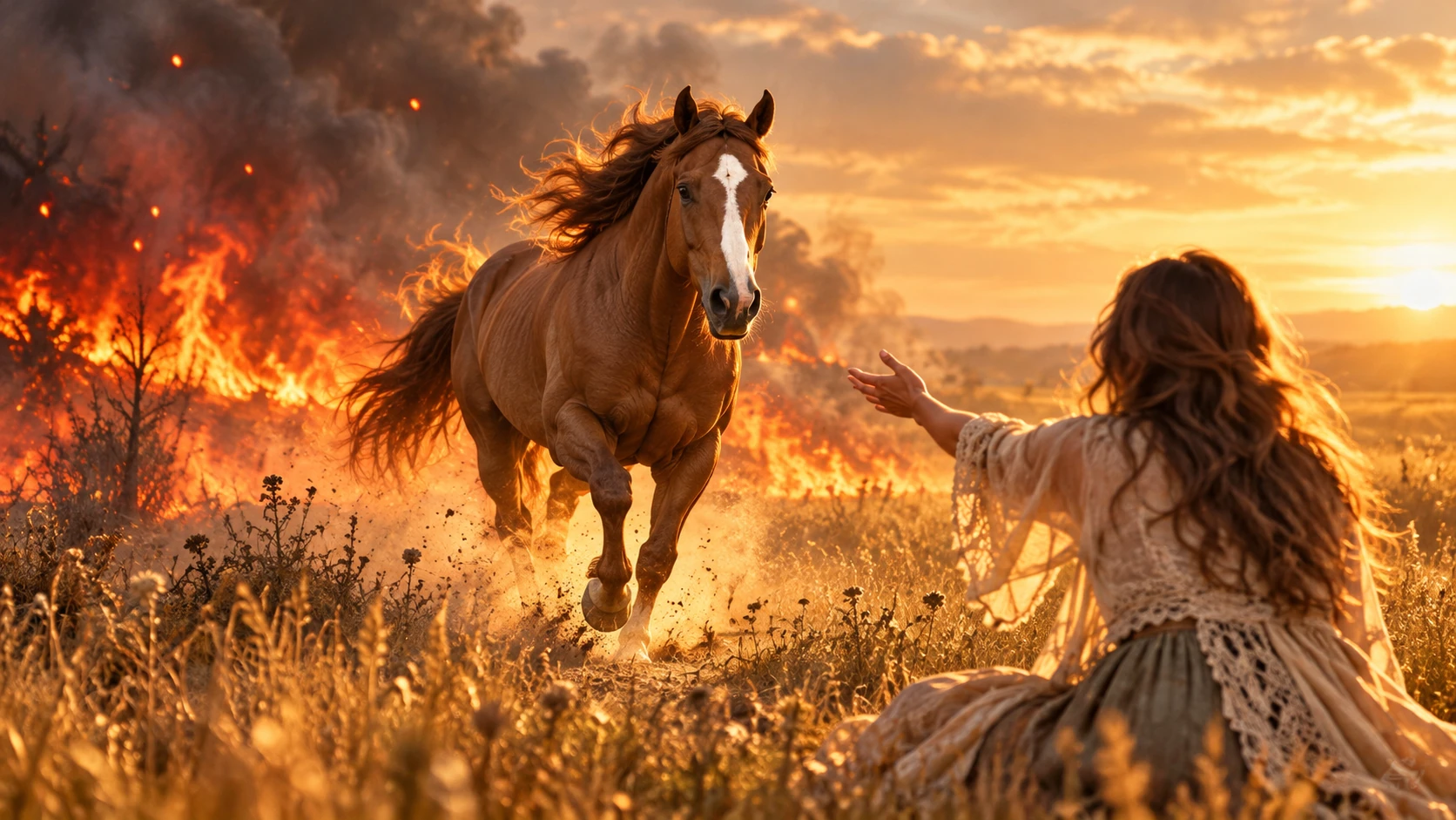 Newt, a chestnut horse with a white blaze, gallops out of a wildfire at sunset toward a woman in a lace dress kneeling in golden grass with her hand outstretched.